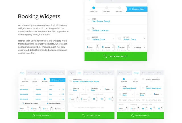 Travel booking widgets UI design, minimal, technical, light
