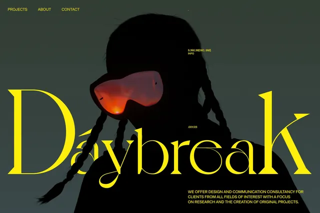 Daybreak design studio portfolio hero, dark-mode, gradient-heavy, dark