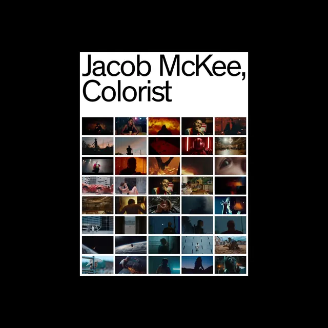 Portfolio grid of warm and cool-toned film stills and cinematography with designer credit, photographic, gradient-heavy, vibrant