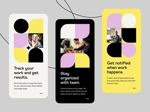 Three onboarding UI screens with vibrant yellow, pink, black circles and photography, playful, bold, vibrant