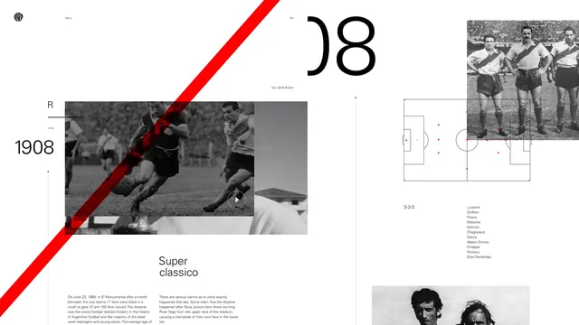 Web design layout with historical sports documentation, editorial, web-design, monochromatic