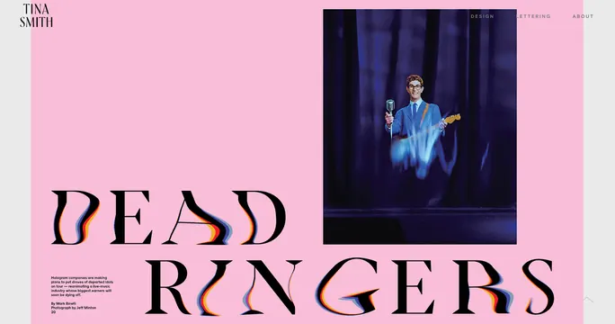 Dead Ringers portfolio header with split layout, editorial, gradient-heavy, pastel