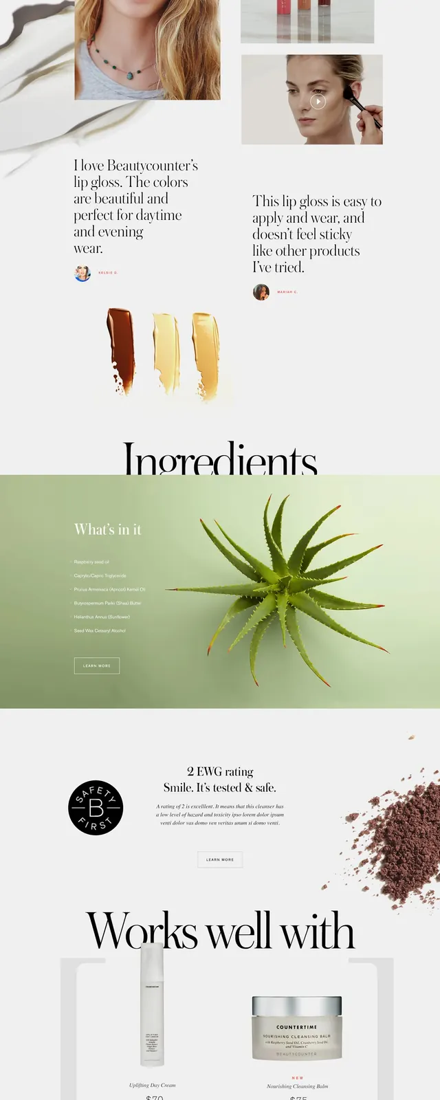 Lip gloss product page vertical scroll, corporate-clean, minimal, light