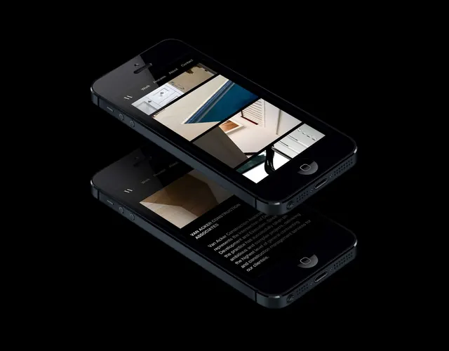 Mobile app navigation stack mockup, minimalist, technical, dark