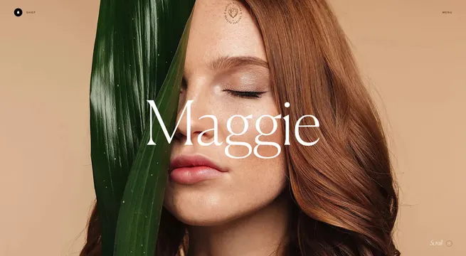 Maggie beauty product website hero, minimal, photographic, warm