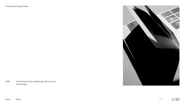 Designer portfolio layout with geometric imagery, minimal, swiss, dark