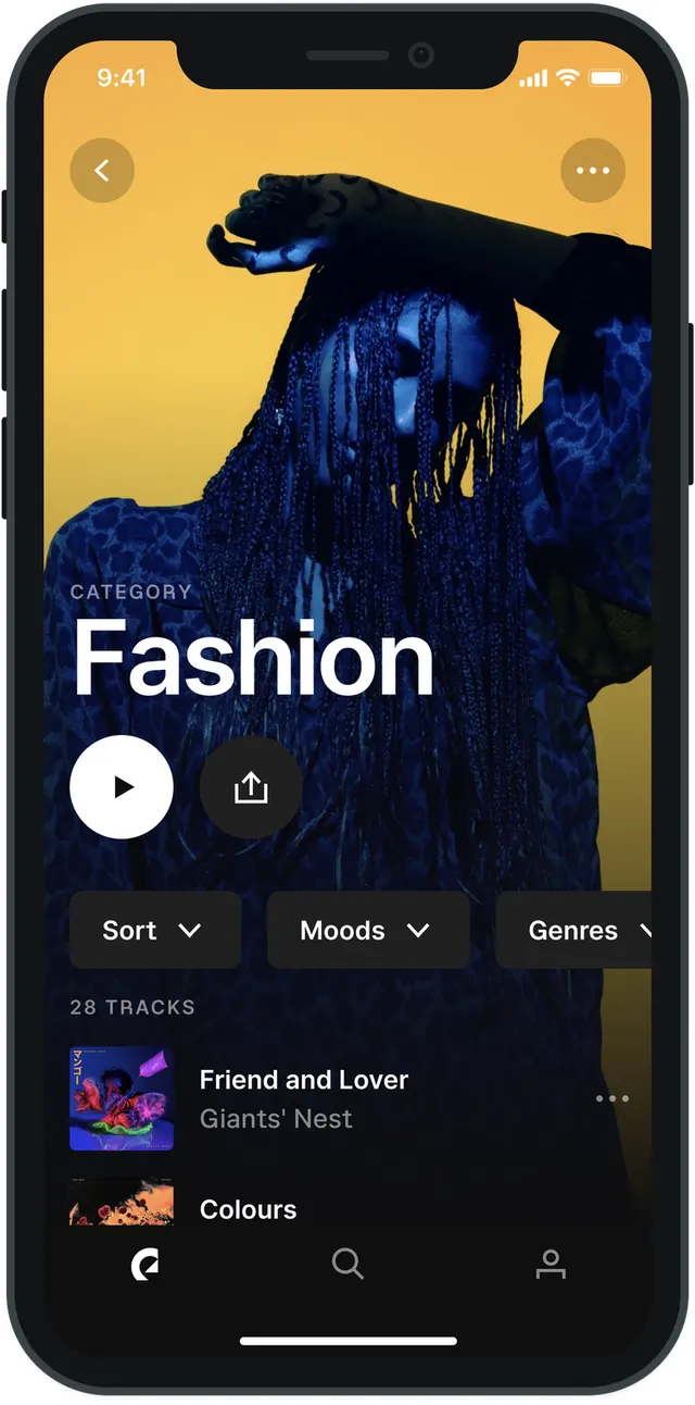 Epidemic Sound Music Streaming App Interface, dark-mode, playful, dark