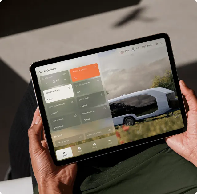 Pebble Flow RV smart home dashboard, minimal, glassmorphism, light