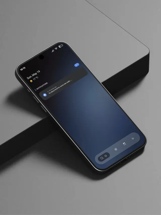 Dark UI phone mockup with notification cards, dark-mode, minimal, dark
