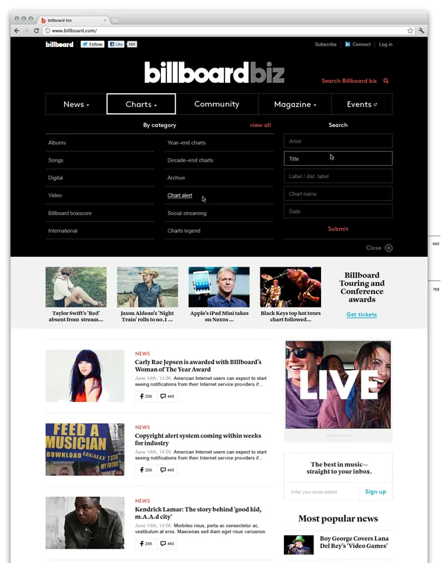 Billboard.biz magazine website screenshot, corporate-clean, technical, dark