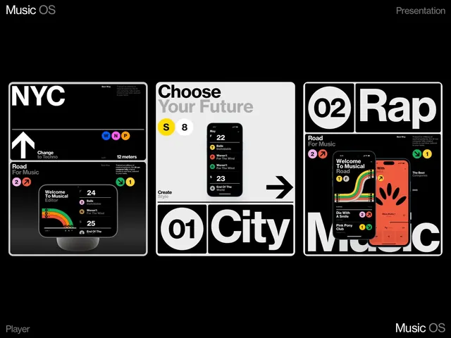 Music OS app interface concept presentation, dark-mode, technical, dark
