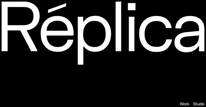 Réplica studio logotype and navigation, minimal, swiss, dark