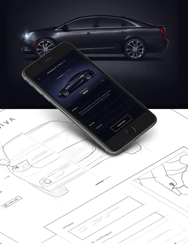 Automotive app interface with car and sketches, dark-mode, minimal, dark