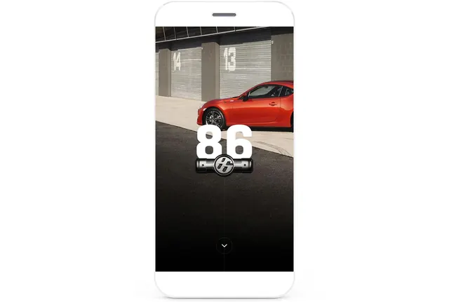 Mobile app screen with automotive product, technical, minimal, dark