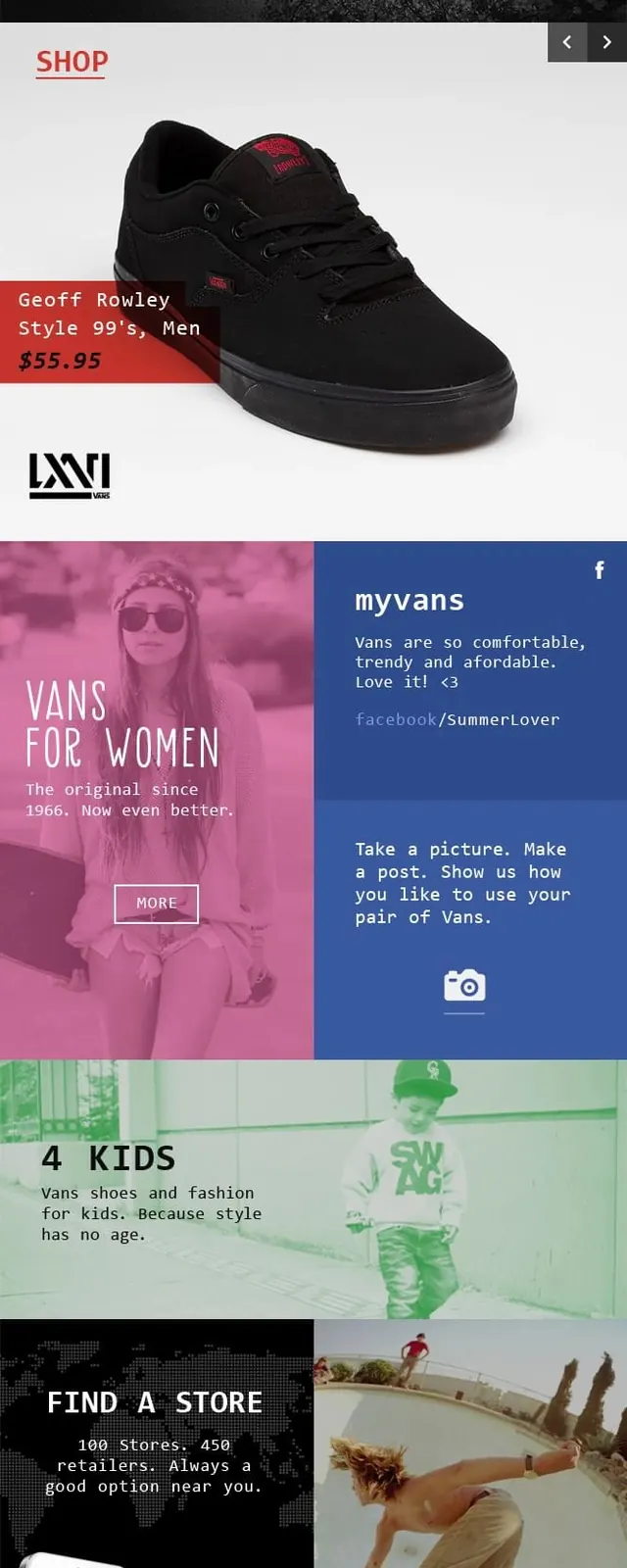 Vans website layout showcase, minimal, boxed, dark