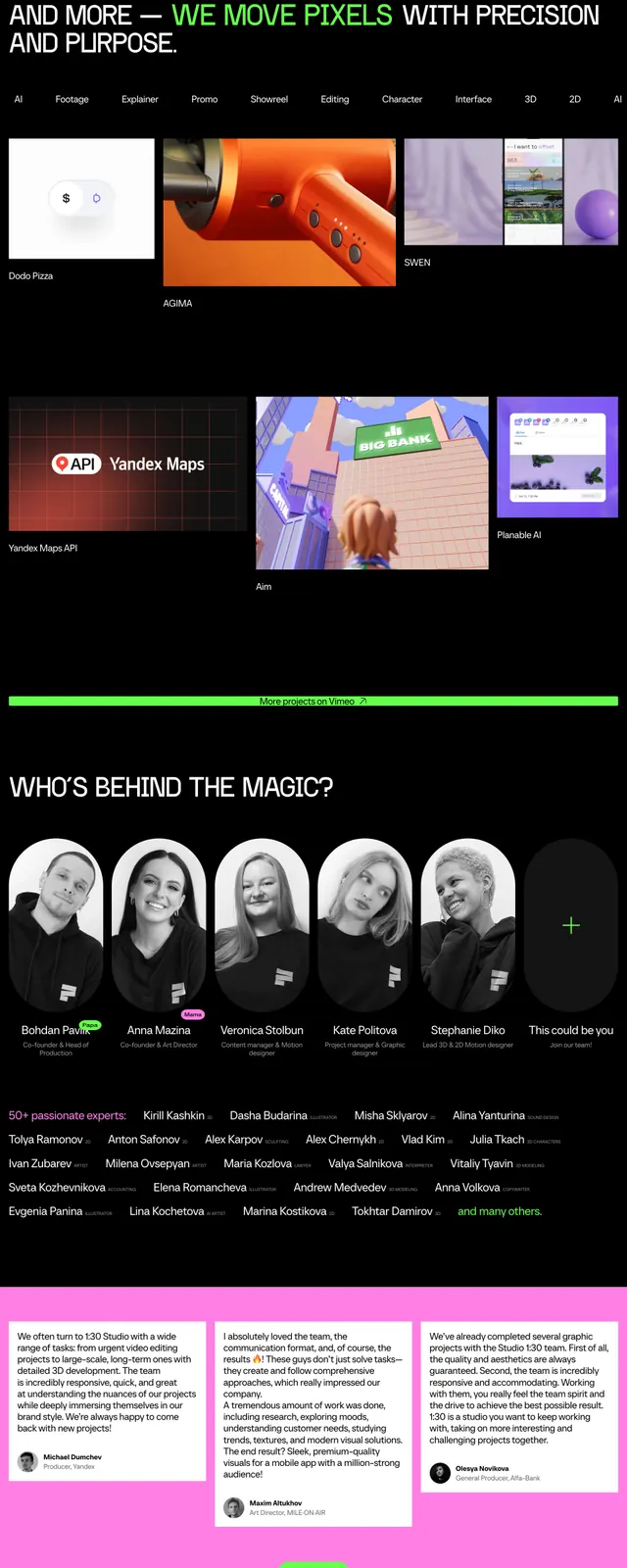 130 Studio Motion Design Landing Page, dark-mode, neo-brutalist, dark