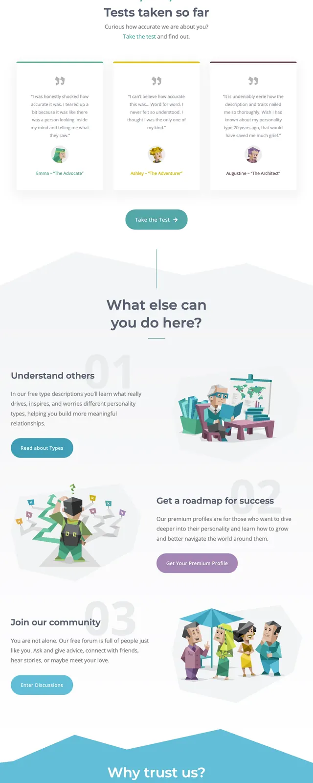 16Personalities Landing Page, playful, illustrated, vibrant