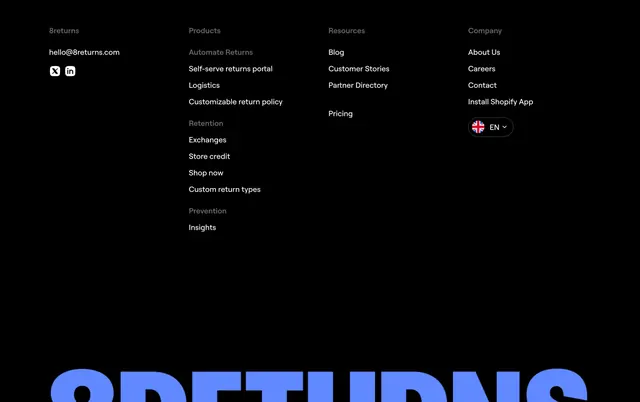 8returns Footer Section, dark-mode, minimal, dark