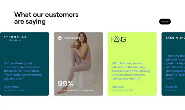 8returns Testimonials Section, minimal, light-mode, light