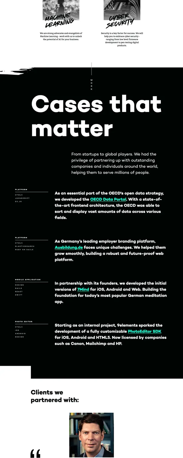 9elements Agency Landing Page, dark-mode, brutalist, dark