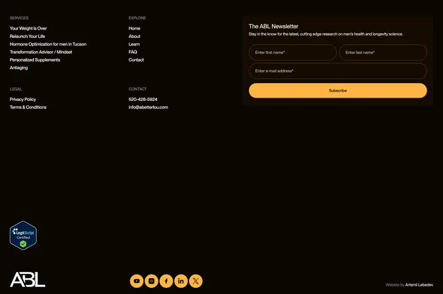 A Better Lou company footer, dark-mode, minimal, dark