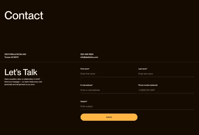 A Better Lou Inquiry Contact Design, dark-mode, minimal, dark