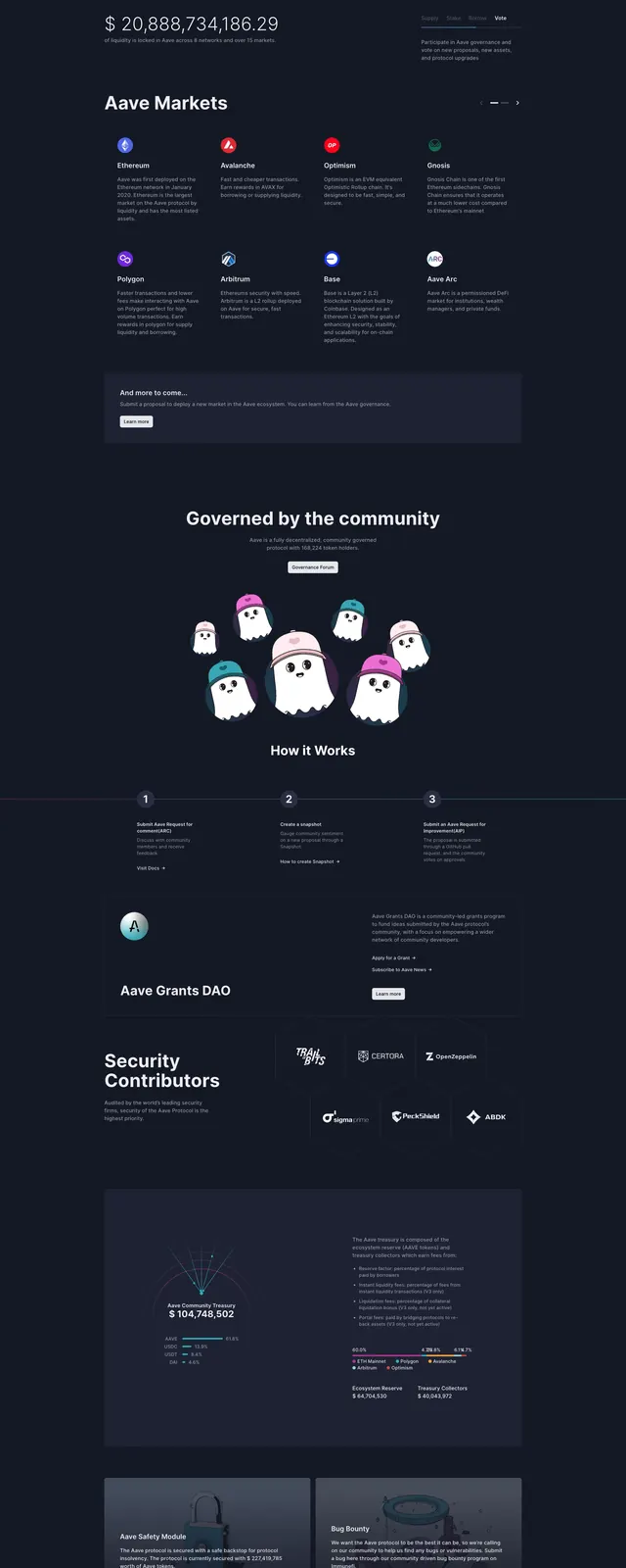 Aave Liquidity Protocol Landing Page, dark-mode, corporate-clean, dark