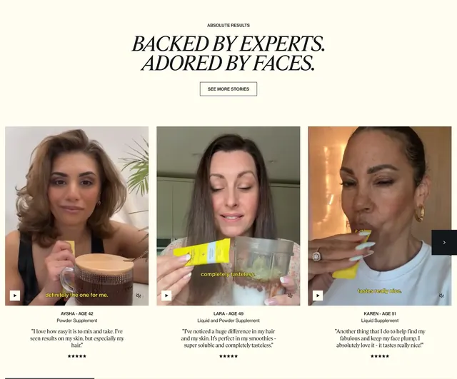 Absolute Collagen customer testimonial, minimal, editorial, light