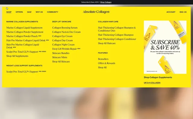 Absolute Collagen Product Mega Menu Design, minimal, light-mode, light