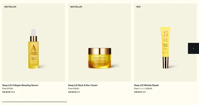 Absolute Collagen skincare product carousel, minimal, light-mode, light