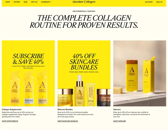 Absolute Collagen supplement promo category grid, minimal, light-mode, light
