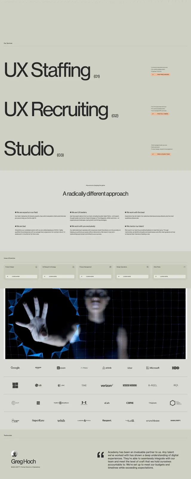 AcademyUX Agency Landing Page, editorial, minimal, light