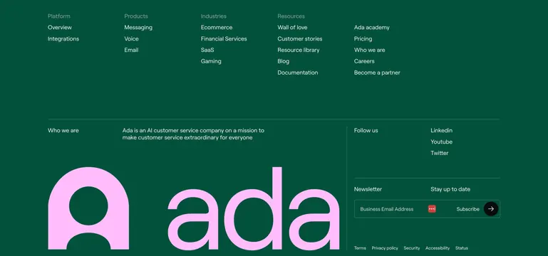 Ada giant-wordmark footer on forest green, dark-mode, minimal, dark
