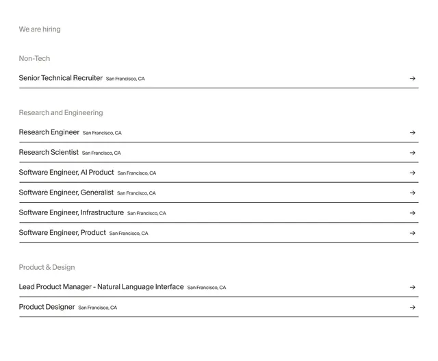 Adept AI careers list, minimal, light-mode, light