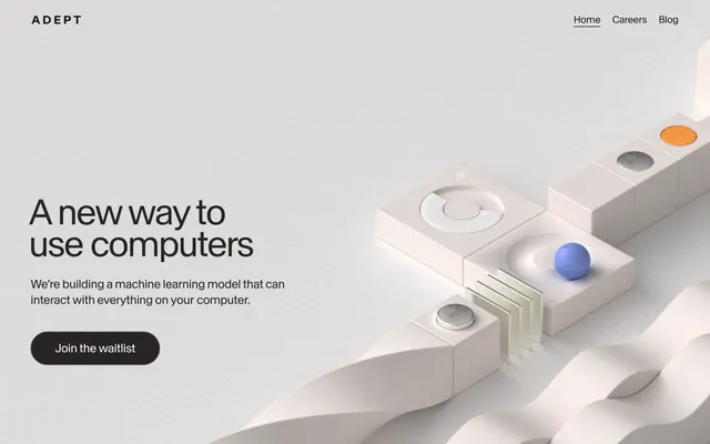 Adept AI homepage hero, minimal, 3d-render, light