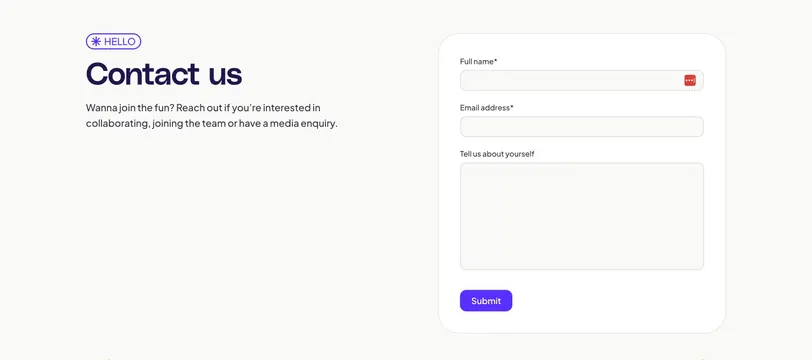 Adora split contact form with violet accents, light-mode, minimal, light