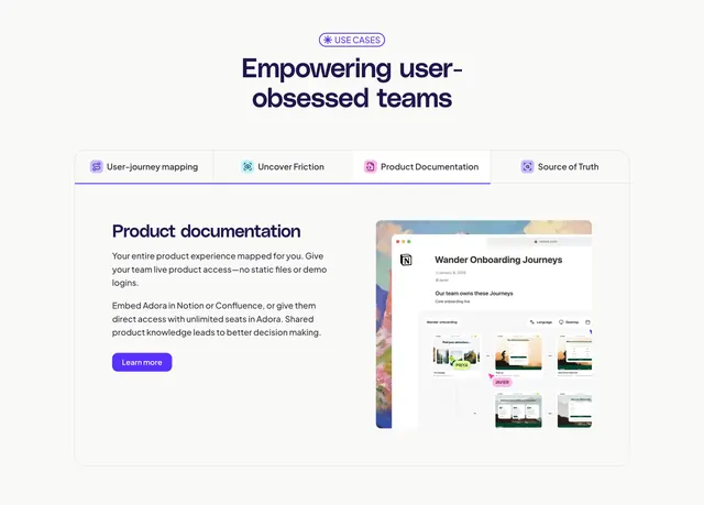 Adora tabbed feature detail with Notion mockup, light-mode, minimal, light