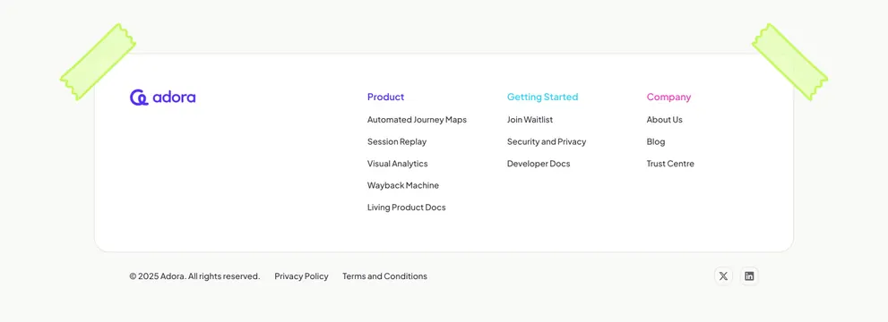 Adora contained footer with washi-tape corners, light-mode, minimal, light