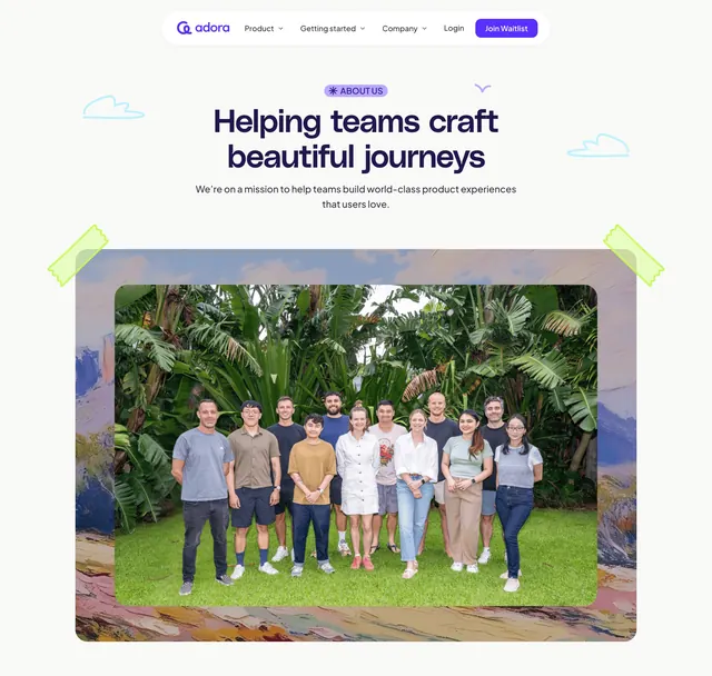 Adora about hero with taped team photo, light-mode, minimal, light