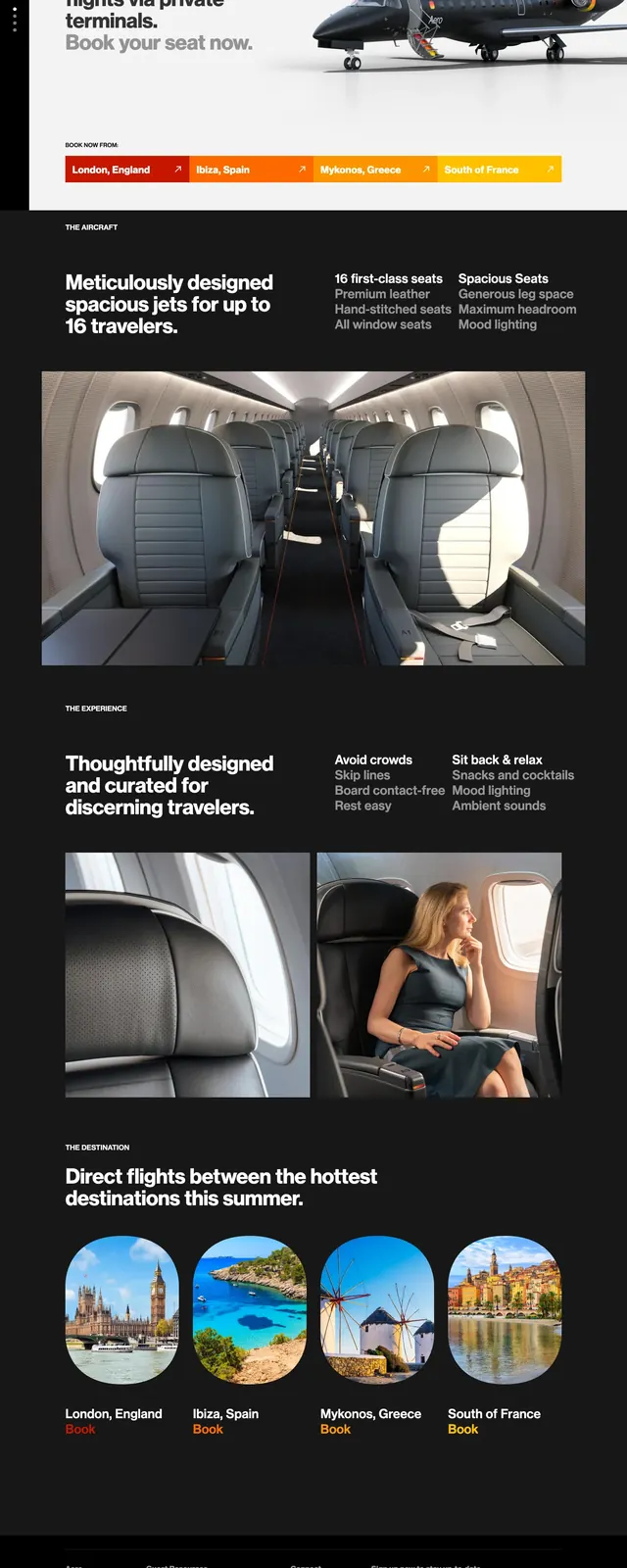Aero Private Aviation Landing Page, luxury, minimal, high-contrast