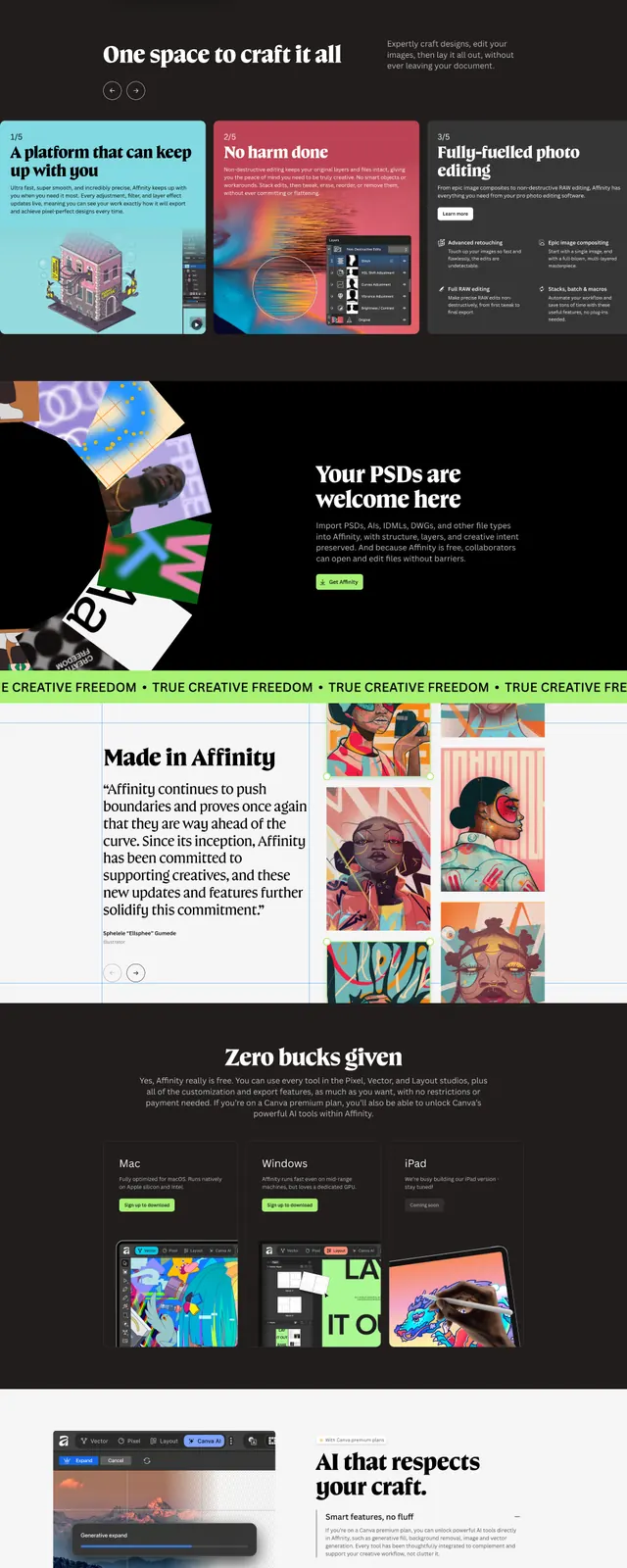 Affinity by Canva Landing Page, dark-mode, playful, dark