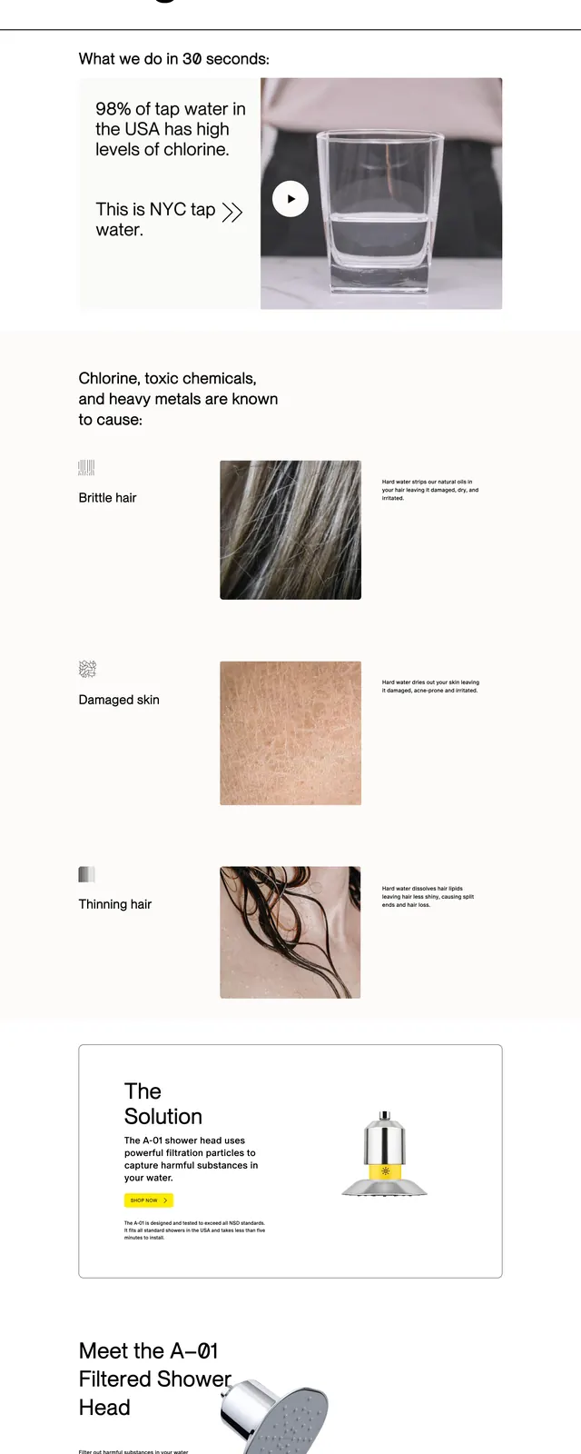 Afina Shower Filter Landing Page, minimal, editorial, light