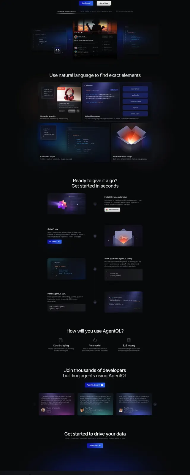 AgentQL Developer Landing Page, dark-mode, technical, dark
