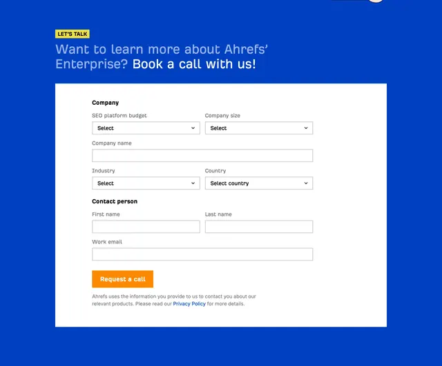 Ahrefs Enterprise book-a-call form, corporate-clean, minimal, vibrant