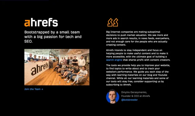 Ahrefs home about section, minimal, dark-mode, dark