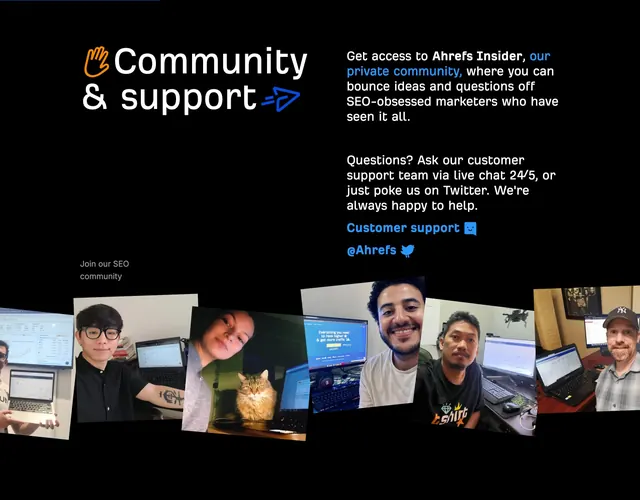 Ahrefs community and support section, minimal, dark-mode, dark