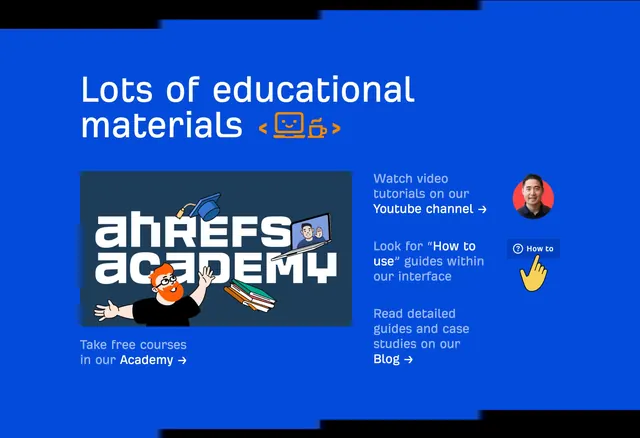 Ahrefs educational materials section, minimal, playful, vibrant