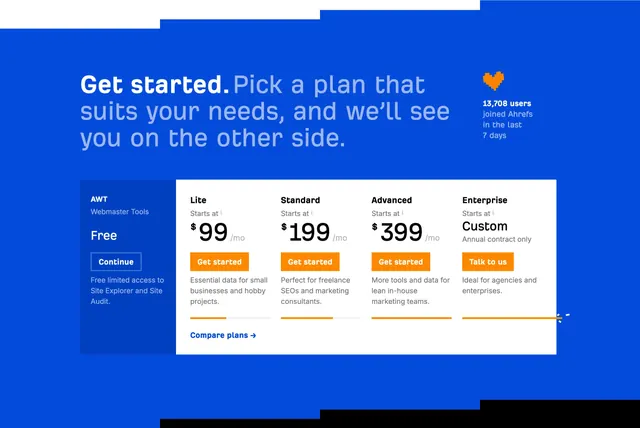Ahrefs five-tier pricing table, minimal, corporate-clean, vibrant