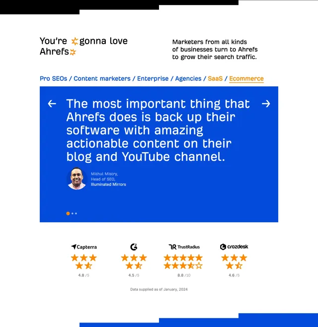 Ahrefs testimonial carousel with ratings, minimal, light-mode, light