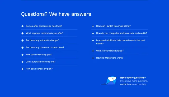 Ahrefs pricing FAQ accordion, minimal, corporate-clean, vibrant